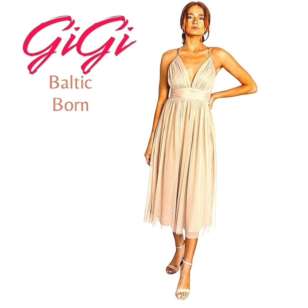 BALTIC BORN Gigi Shimmery Gold Midi Dress Mesh Overlay Lined Open Back Sz SM NWT